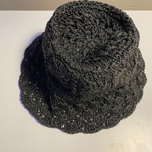 Wyeth Crochet Straw Bucket Hat Womens OS Black NWT Scalloped Brim Packable